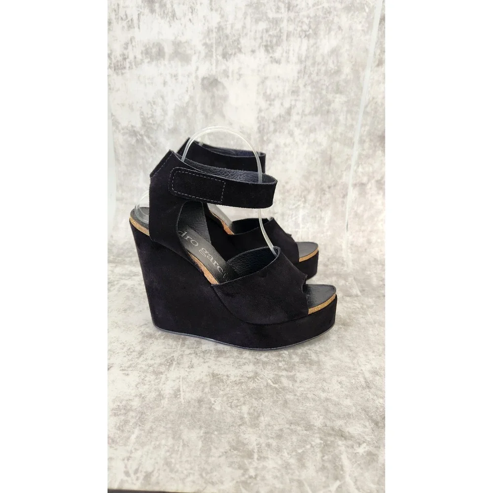 Pedro Garcia Wedge Sandals Womens 40 Black Suede Platform Peep Toe Spain Luxury